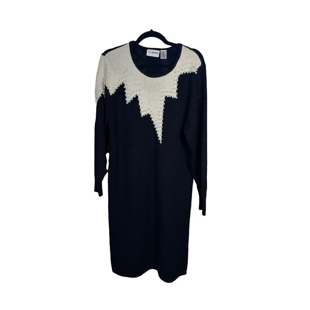 Vintage Yarn-works Black & White Sweater Dress With Pearl Accents Size L